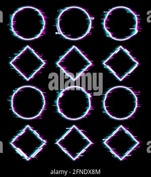 Screen glitch effect on geometric figures. Distorted circle, square or rhombus with screen pixels digital noise. Cyberpunk, 80s retro vector design el Stock Vector