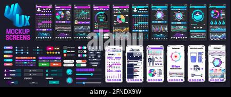 Graphic big collection UI, UX, KIT elements. App screens mockups on the topic - business analytics, health, sports, financial exchange trading Stock Vector