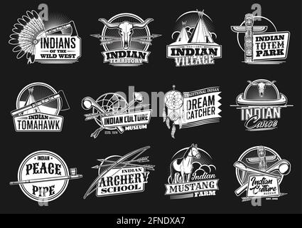 Indian, wild west vector icons indians territory, village or totem park, tomahawk, culture museum and dream catcher with canoe. Peace pipe, archer sch Stock Vector