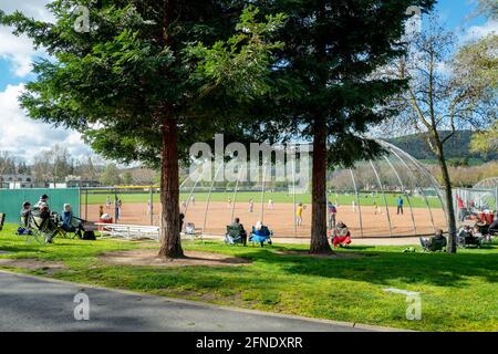 On the first day of Spring in the San Francisco Bay Area, Danville, California, people are visible attending a little league baseball game in Osage Station Park, March 20, 2021. () Stock Photo