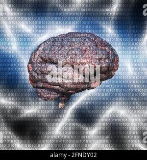 Digital brain with seamless binary code pattern. 3D rendering. Stock Photo