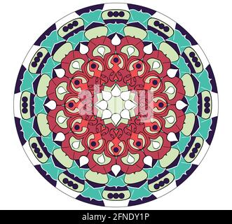 Mandala in vivid colors for energy obtaining. An aid to meditation exercises, red and green geometric pattern, eps10 vector Stock Vector