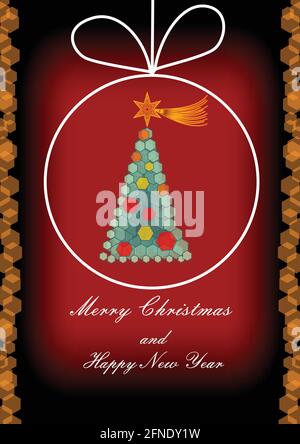 Modern Christmas greeting card with Christmas tree composed of hexagonal elements on dark red background in Christmas ball line shape Stock Vector