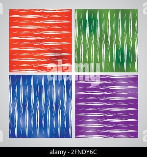 Grunge tile set in different colors - red, green, blue, purple. White  brush strokes on stained background. Modern seamless vector patterns. Stock Vector