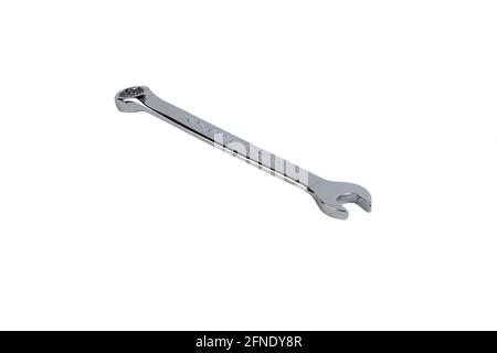 Chrome plated box wrench on white isolated background. Stock Photo