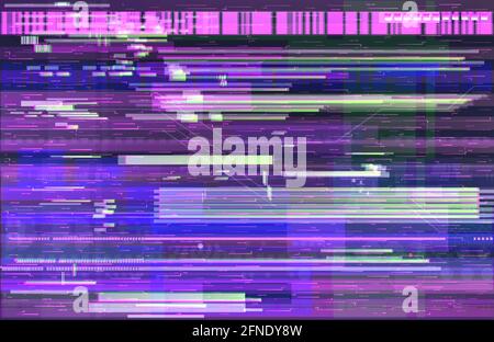 Neon glitch banner in cyberpunk style. Vector illustration with deep effect of interference, background, noise, glitch, vhs, no signal TV screen Stock Vector