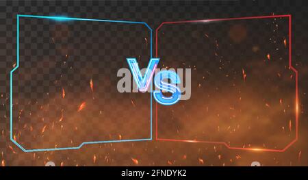 Red and blue Versus Battle banner with neon frames, smoke and sparks. VS background for competition, match game, sport, fights. VS neon letters on red Stock Vector