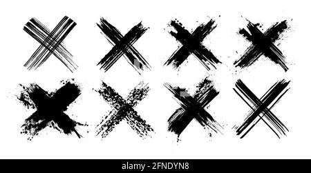 X black mark collection. Eight very detailed and different crosses. Cross sign from brush strokes. Grunge set X. Hand drawn crossed brush strokes Stock Vector