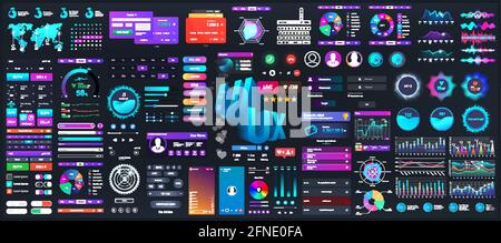 Dark set elements user interface. Universal collection for Web, UI, UX and KIT. Colorful interface, neon design. Big set UI elements - navigation Stock Vector