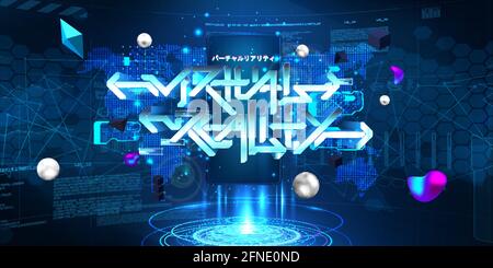VR and AR mobile concept with 3D lettering Virtual reality and hologram with HUD interface, 3D shapes. Augmented design cyberspace UI, UX, KIT Stock Vector