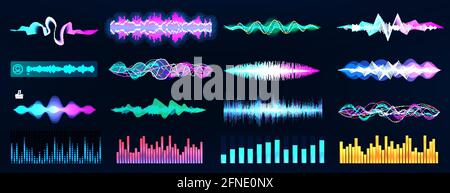 Sound waves and voice records collection. Futuristic Frequency audio waveform and music wave. Voice and sound recognition in HUD style. Graphic set Stock Vector