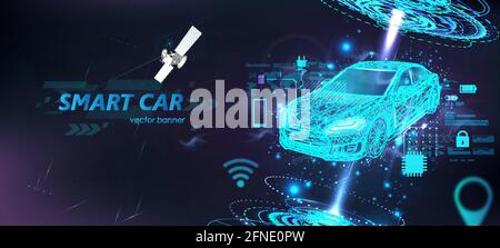 Futuristic electric smart car in polygonal style with HUD interface and icons. Hologram smart auto in Wireframe in line low-poly. Smart automobile Stock Vector