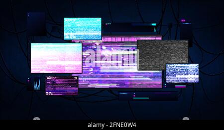 Futuristic server room with screens glitch effect. Dark cyberspace with burning monitors, wires and working equipment. Cyberpunk server room with Stock Vector