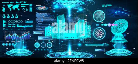 Advance control center with HUD UI. Building Information Modeling with Futuristic User Interface. Smart technology IOT for city and buildings. Scifi Stock Vector