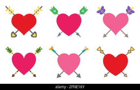 Heart arrows vector flat set color for printing on dishes, notebooks, clothes isolated on white. Stickers and decals. Gift paper. Wallpaper. Valentines Day.Cupid.Decorative elements Stock Vector