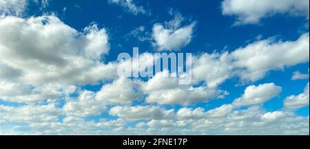 bright clear blue sky and contrasting white cumulous puffy clouds distance perspective Stock Photo