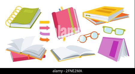 Open paper book hand drawn cartoon set. Notepad, book, sketchbook and glasses flat collection. Office stuff, learning school. First day school, Education concept icon kit. Back to School vector Stock Vector
