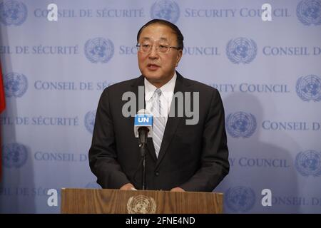 United Nations, Security Council open debate on the Israeli-Palestinian conflict at the UN headquarters in New York. 16th May, 2021. Zhang Jun, China's permanent representative to the United Nations, speaks to reporters after a Security Council open debate on the Israeli-Palestinian conflict at the UN headquarters in New York, May 16, 2021. Credit: Xie E/Xinhua/Alamy Live News Stock Photo