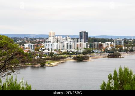 South Perth and the Kwinana Freeway, viewed from Kings Park across the Swan River Stock Photo