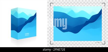 Realistic packaging box. Product packing. Blue abstract background. Realistic landscape with waves. 3d vector Illustration for software. Stock Vector