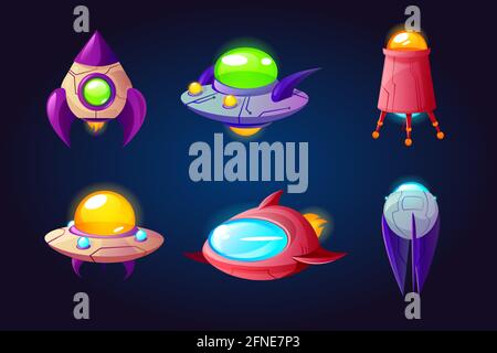 Alien space ships, ufo rockets, fantasy bizarre shuttles, computer game graphic design elements, cosmic collection of funny spaceships isolated on blue background, Cartoon vector illustration set Stock Vector