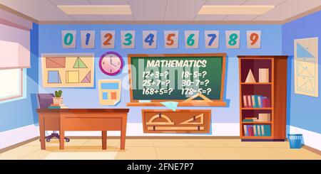 Mathematics classroom empty interior, school or preschool class with teacher table, blackboard with tasks, and rulers, cupboard with textbooks, maths posters, studying room Cartoon vector illustration Stock Vector