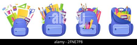 School bag with studying supplies and stationery inside. Backpack with notebook, paints and pen or pencil, ruler, calculator and brush. Back to school concept with student rucksack, Cartoon vector set Stock Vector