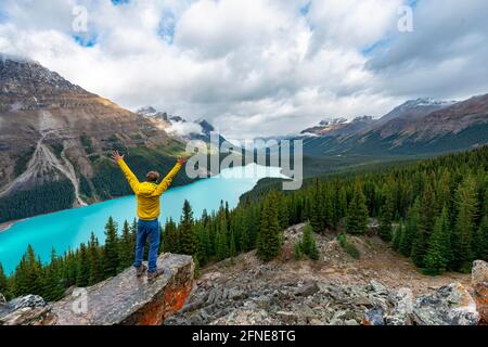 Hiker stretches his arms in the air, view of turquoise glacial lake surrounded by forest, Peyto Lake, Rocky Mountains, Banff National Park, Alberta Stock Photo