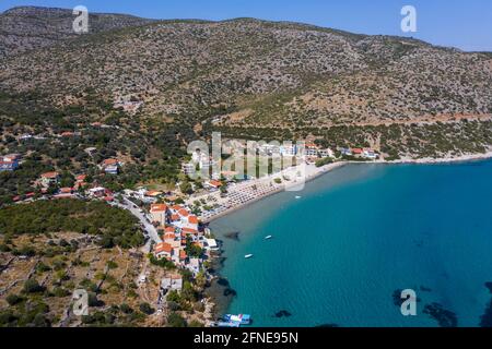 Aerial of Psili Ammos beach, Samos, Greece Stock Photo