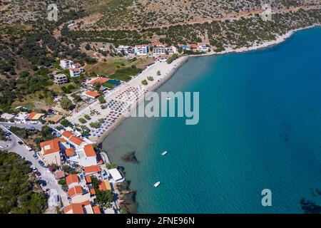 Aerial of Psili Ammos beach, Samos, Greece Stock Photo