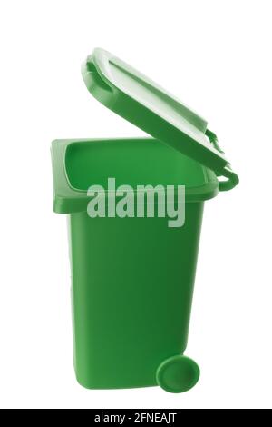 Plastic green trash can isolated on white background Stock Photo - Alamy