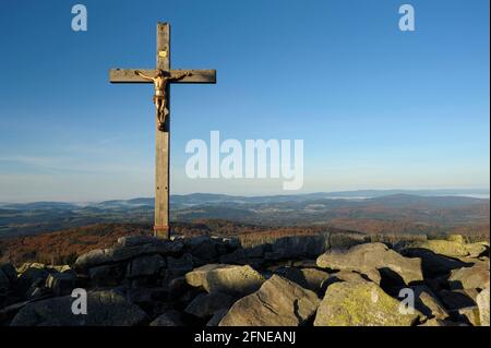 Lusen, 1373 meters, sea of granite blocks on summit, summit cross, morning, October, Bavarian Forest National Park, Bavaria, Germany Stock Photo