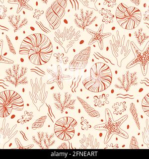 Hand-Drawn Sea Shells, Fossils, Starfish, Corals, Seaweeds, Waves Abstract Vector Seamless Pattern Stock Vector