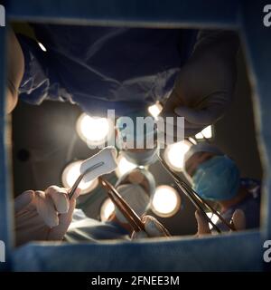 View from below of medical team holding scalpel, scissors and forceps with tampon, wearing medical face masks, sterile gloves in operating room. Focus on tools. Concept of medicine, plastic surgery. Stock Photo