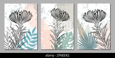 Set of botanical wall art vector posters. Artistic drawing of tropical leaves with abstract shapes. Plant art design for print, cover, wallpaper, post Stock Vector