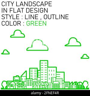 city landscape in flat design with green lines, white fills, green outline. Stock Photo