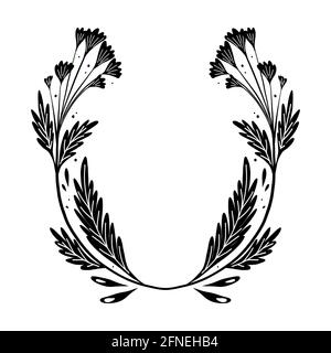 Black silhouette of frame with natural herbs and flowers of the fields. Wreath with buttercups and foliage. Print of branches of plants. Stems and pet Stock Vector