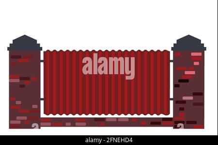 Red metal fence with brick columns Stock Vector