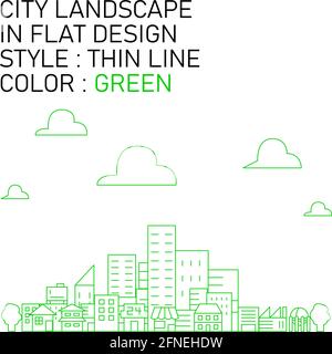 city landscape in flat design with green thin lines, white fills. Stock Vector