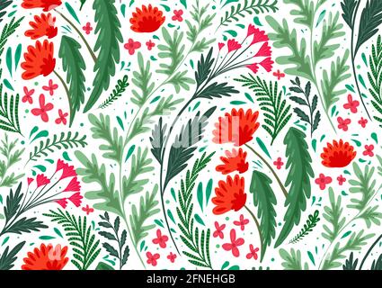 Seamless flat natural pattern with herbs and flowers of the fields on white background. Wallpaper with poppy, wormwood, fennel and buttercups. Fabric Stock Vector