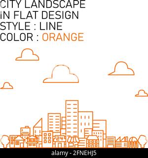 city landscape in flat design with orange lines, white fills. Stock Vector