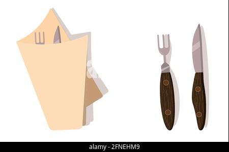 Cutlery. Fork, knife,napkin. Steel wooden handle Stock Vector