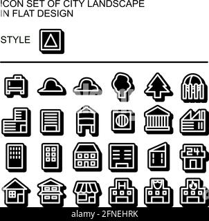 City landscape icon set in flat design with white lines, black fills, black outline, drop shadow. Stock Vector