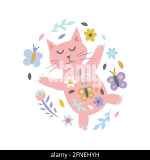 Cat with flowers and butterflies on white. Childish cute print for card and poster. Vector Illustration. Stock Vector