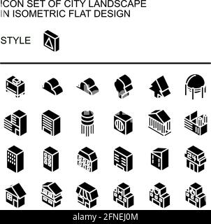 City landscape icon set in isometric flat design with white lines, black fills. Stock Vector