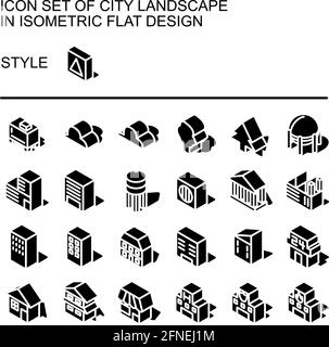 City landscape icon set in isometric flat design with white lines, black fills,shape of a shadow. Stock Vector