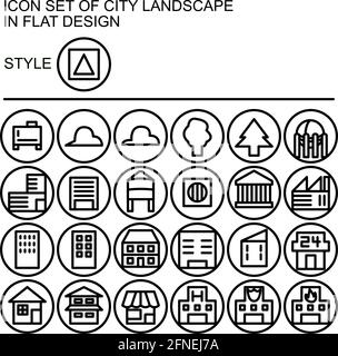 City landscape icon set in flat design with black lines, white fills on a circle of black line and white fill background. Stock Vector