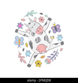 Cow with flowers and butterflies on white. Childish cute print for card and poster. Vector Illustration Stock Vector