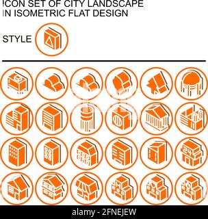 City landscape icon set in isometric flat design with white lines, orange fills, drop shadow on a circle of orange line and white fill background. Stock Vector