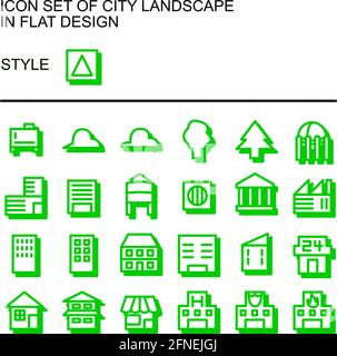 City landscape icon set in flat design with green lines, white fills, drop shadow of the green. Stock Vector